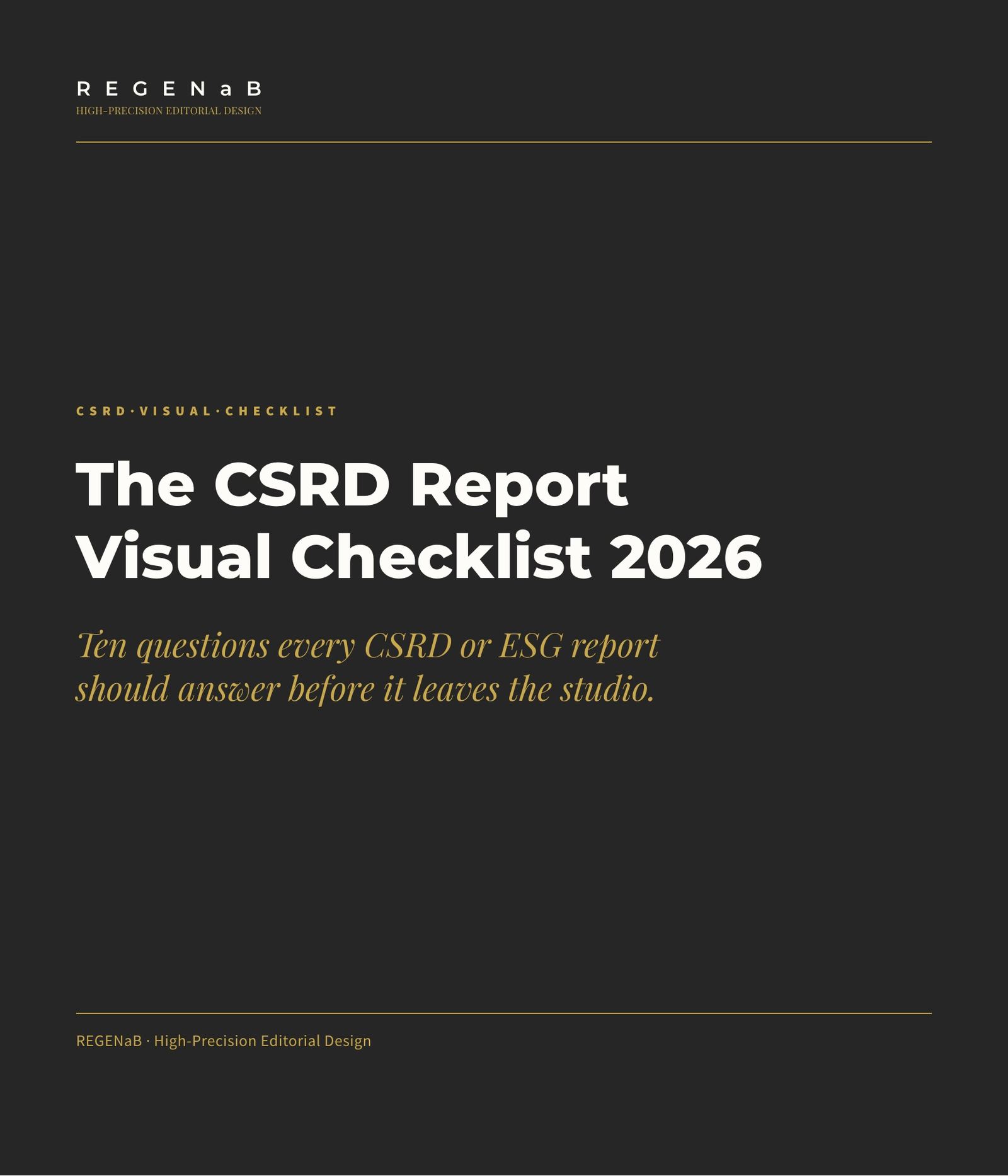 The CSRD Report Visual Checklist 2026 — cover, built natively in Adobe InDesign
